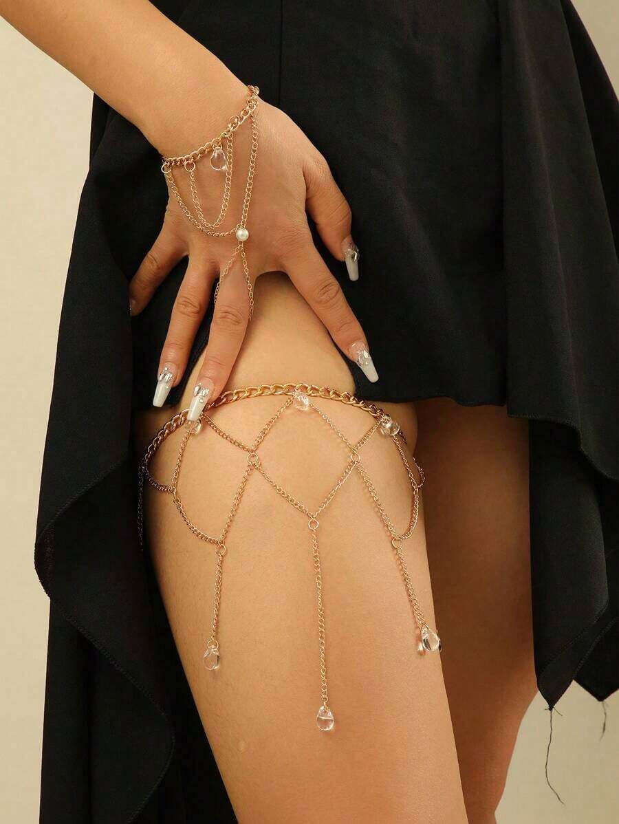 1pc Fashionable Multi-Layer Metal Chain With Clear Water Drop Pendant Connected Finger Bracelet And Leg Chain - Vàng - Xem 1