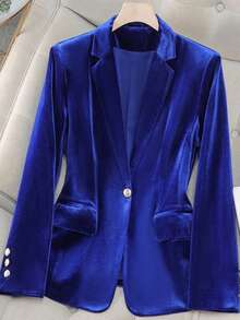 Women's Professional Office Blazer, Solid Color Polyester Commuter Jacket With Buttons, Pockets, Zipper, Suitable For Office Wear In Spring And Autumn - Blue - View 1