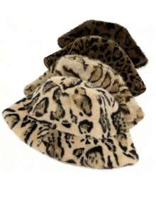 Women's Fashionable Leopard Print Warm Bucket Hat, Versatile For Autumn/Winter