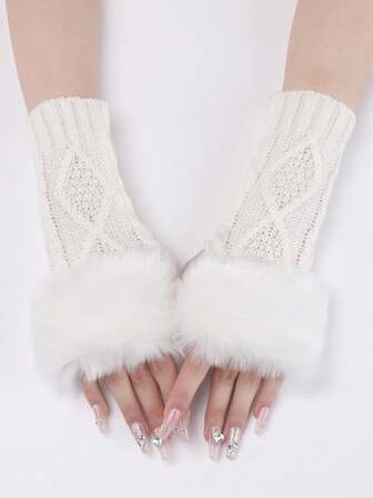 Women's White Knitted Fingerless Gloves – Short Arm Warmers With Faux Fur Trim, Cozy & Stylish Winter Accessories For Autumn & Winter Outfits