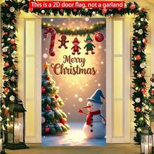 1 pieza Pancarta de puerta navideña con diseños de bastón de caramelo, hombre de jengibre y duende, material reutilizable, adecuado para exteriores, fiestas, jardín, ideal para decoración navideña y de fiestas, telón de fondo temático de Navidad y Año Nuevo, pancarta fotográfica de Feliz Navidad, decoración estacional, patrones navideños, tela duradera, material reutilizable