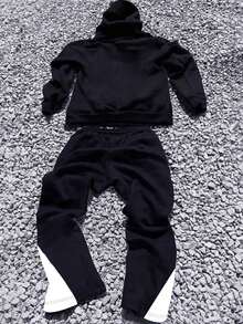 Mens Fashionable And Fashion Street Micro-Flare Pants Set With Bold Color-Blocking And Gothic Cross And Alphabet Prints - Black - View 4