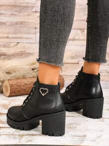 全新女式户外街头英伦复古刺绣经典翻领机车朋克时尚百搭系带侧拉链厚底舒适靴 - 黑色 - 查看 5