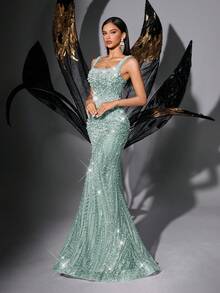 Sequin Beaded Backless Sleeveless Mermaid Dress