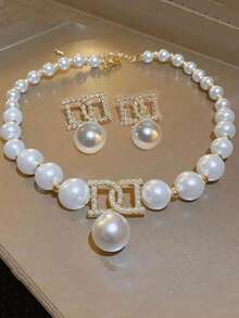 3pcs Elegant Faux Pearl Necklace And Earrings Set, Designed For Women, Suitable For Pairing With Wedding Dresses And Attending Formal Dinners, Ideal Gift For Girlfriend, Mother On Occasions Like Valentine's Day, Mother's Day