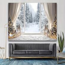 1pc Fashion Wavy Background, Winter Fairy Tale Background With Pine Forest And Candles, Multipurpose Holiday Decor, Rectangular Shape, No Electricity Required Christmas Happy Photo Booth Backdrop - Indoor/Outdoor Multipurpose Party & Event Decoration - Polyester, No Electricity, Ideal For Christmas Decoration - White - View 3