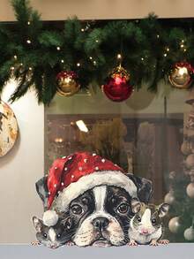 1 pieza Pegatina decorativa navideña, Patrón creativo de mascotas navideñas, Aplicable a sala de estar, dormitorio, baño, Pegatina autoadhesiva extraíble de PVC, Decoraciones navideñas, Decoración del hogar, Decoración de habitación, Decoración de pared, Pegatinas