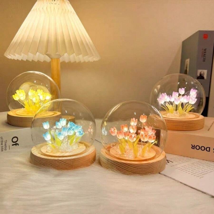 1 قطعة ضوء ليلي كرة زجاجية بتصميم الزهور التوليب لل- DIY، 16 زهرة توليب، تعمل بالبطارية، تصميم زهري جميل، مناسبة للاستخدام الداخلي، ديكور غرفة النوم والمكتب، جو رومانسي، هدية عيد الحب، هدية عيد الميلاد، هدية مثالية ليوم الأم/عيد الميلاد (البطاريات غير مشمولة)