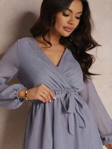 Women's Elegant Solid Color Overlap Collar Ruffle Hem Dress, Autumn - Navy Blue - View 5