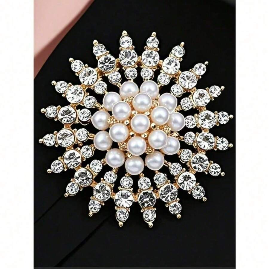 1pc Stylish Personalized Crystal & Pearl Decor Brooch Pin - Multicolor - View 1