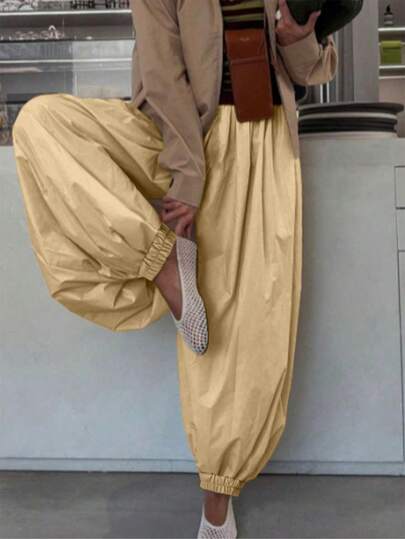 Fall/ Winter Plus Size Women 's Trousers Solid Color Casual Wide Leg Tapered Pants With Pockets, Khaki, Versatile Everyday Outfit