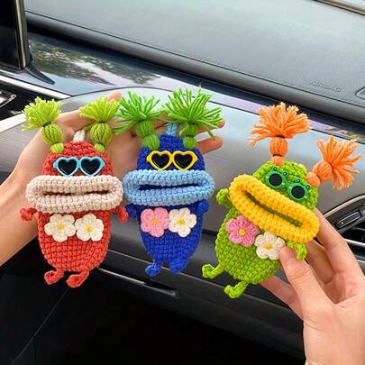 可调节女士古怪怪物钥匙套 - 钩针纹理大眼睛心形时尚眼镜款式 - 红色/蓝色/绿色，汽车钥匙收纳袋，送给女性司机的可爱礼物，汽车钥匙保护套，多色设计，质地柔软，色彩鲜艳