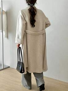 Women's Lapel Belted Double-Faced Wool Coat With Pockets, Suitable For Autumn/Winter - Oat - View 3
