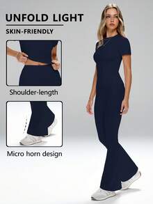 FWH 女士日常两件套：基础款，百搭保守的设计，适合户外通勤、办公、健身和瑜伽。甜美优雅的温柔风格，修身剪裁，采用收腰弹力面料。圆领短袖上衣搭配高腰收腹微喇叭运动裤，打造修身效果。