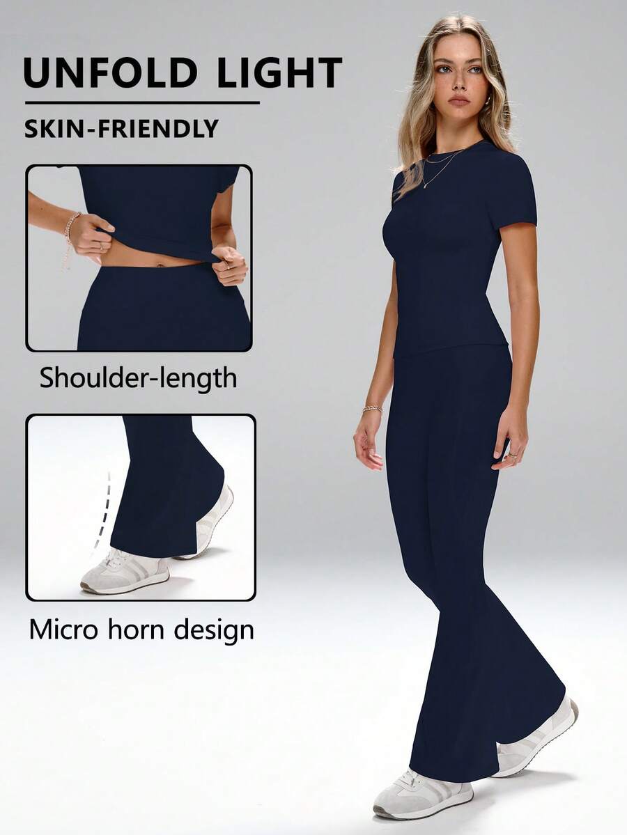 FWH 女士日常两件套：基础款，百搭保守的设计，适合户外通勤、办公、健身和瑜伽。甜美优雅的温柔风格，修身剪裁，采用收腰弹力面料。圆领短袖上衣搭配高腰收腹微喇叭运动裤，打造修身效果。