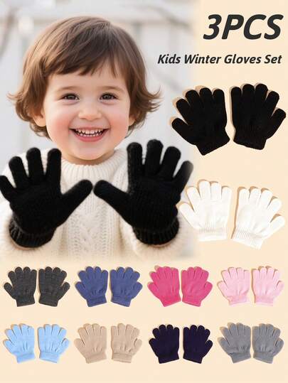 3双婴儿纯色针织手套，保暖防冻，用途广泛，适合秋冬季，适合男婴和女婴日常使用