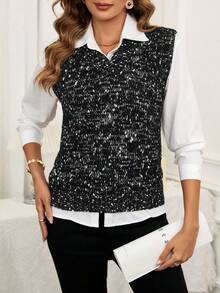 Colete feminino de malha brilhante com decote em V, adequado para encontros noturnos, outono/inverno