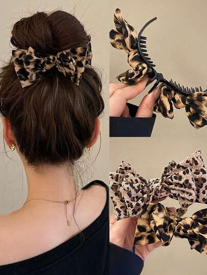 1 Pieza Clip de pelo con lazo de estampado de leopardo - Hecho de tela vintage y de moda. Clip fijo, adecuado para todos los peinados, citas y uso diario, con un lazo de estampado de leopardo de alta gama y un moño. Clip llamativo para el temperamento de la mujer. Clip para el cabello elegante para sujetar una coleta alta, accesorios de cabello de invierno para mujer