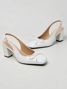 WHDXY 1 Pair Women's Square Toe Backless Casual Slip-On Pumps With Bowknot Decor, 7CM Chunky Heel, Sexy Dress Shoes For Work, Flight Attendant, Party