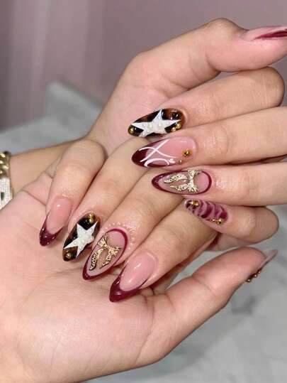 24 Pcs Of Medium-Length Almond-Shaped Press On Nails Gift Box Ins Hot Girl Style Star Pearl Leopard Print Autumn Brown Leopard Print Hand-Painted Heart Red Gradient French Edge Metal Bow Steel Ball Atmosphere Eye-Catching Party, Daily Portable Fake Nails With Jelly Glue 1 Piece 1 Rolling Strip