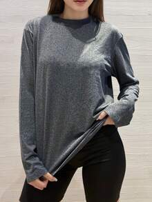 Camiseta de manga larga con caída en el hombro, unicolor negro, holgada y casual - Gris Oscuro - Ver 3