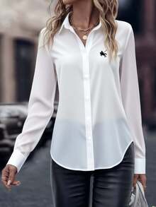 Elegant Women's White Shirt Collar Blouse With Long Regular Sleeves And Button Detailing