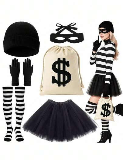 6Pcs Women Robber Costume Set, Girls Burglar Outfit With Tutu Skirt Thief Beanie Gloves Eye Mask Canvas Money Bag Striped Socks For Adult Halloween Cosplay World Book Day Fancy Dress Parties