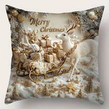 4pcs Christmas Pillow Covers, Featuring Santa Claus, Christmas Tree, Snowman, Deer And Sleigh Patterns, 2D Flat Printing (Not 3D), Contemporary Art, Washable Polyester Fabric Single-Sided Printing, Suitable For Room, Living Room, Sofa Decoration, Zipper Closure, Pillow Insert Not Included, 17.72 X 17.72 Inches - Gold - View 8