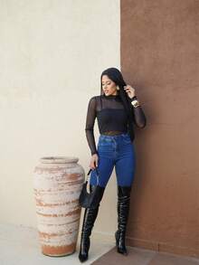 Simple Tulle Blouse Polyester None Transparent Night Club - màu đen - Xem 3