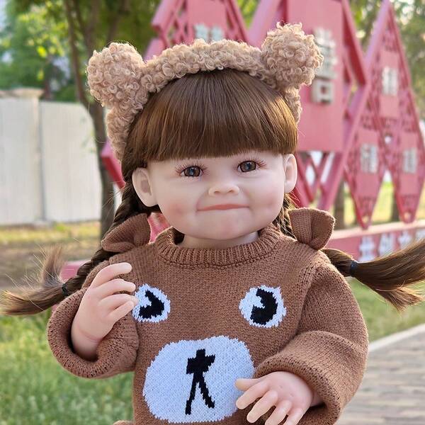22 Inch Cute Brown Sweater Simulation Dolls Fully Soft Vinyl Rebirth Doll Accompanying Playmate Toys Exquisite Gift
