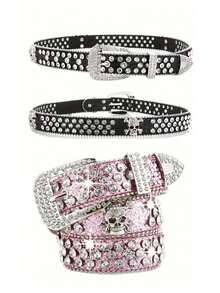水钻腰带，骷髅设计，男女通用，高品质皮带 - 彩色 - 查看 12