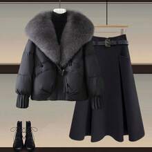 Women's Elegant Down Jacket Coat, Black Woven Fabric, Long Sleeve, Regular Hem, With Faux Fur Waterfall Collar And Pockets, Fur Collar Padded Coat, Winter - Black - View 3