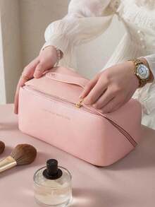 1 szt. Wielofunkcyjna kosmetyczka, wodoodporna kosmetyczka ze skóry PU, kosmetyczka łazienkowa, pojemny uchwyt na pędzle do makijażu, list DIY, przenośna torebka, kosmetyczka o dużej pojemności na kosmetyki do pielęgnacji skóry, pędzle, puder, szminkę, odpowiednia na plażę, do szkoły, do łazienki, na święta, walentynki, prezenty świąteczne dla mamy, rodziny, przyjaciół, niezbędna jesienią - Różowy - Zobacz 5