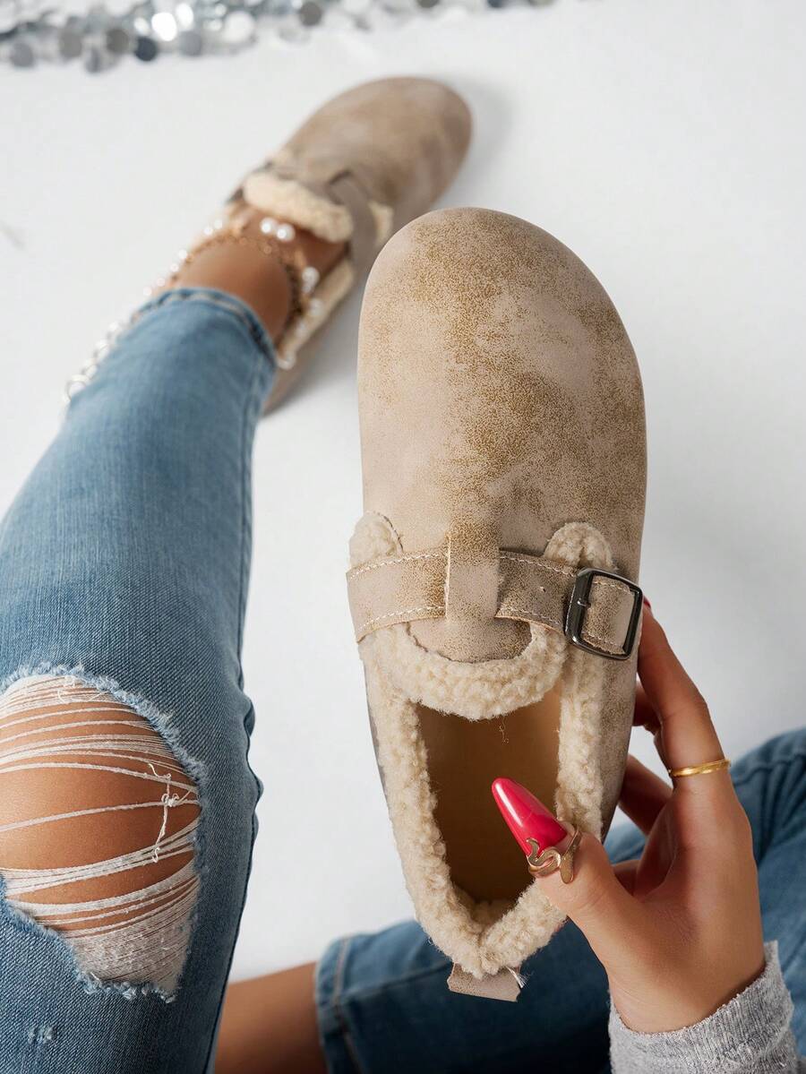 女士平底毛绒套脚鞋，柔软舒适圆头休闲平底鞋，轻便日常鞋，适合万圣节、母亲节、秋冬季保暖新款，毛绒鞋 - 卡其色 - 查看 1