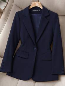 HOMEYEE Áo khoác nữ cổ ve dài tay có túi cổ điển thanh lịch thường ngày đi nghỉ chuyên nghiệp OL cỡ lớn, thích hợp cho mùa xuân, thu, đông - Màu xanh hải quân - Xem 7