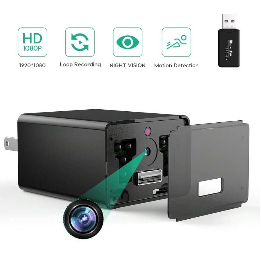 2-In-1 Charger 1080P HD Security Surveillance With Motion Detection Small Wall Charger With Loop Recording Camera For Home Surveillance Video Cameras, No WiFi Required, With 32GB Storage, Plug And Play, Easy File Access - Ideal For Pets - màu đen - Xem 1