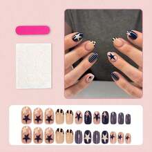New Arrival 24 Pcs Star & Stripe Patch Fake Nails - Sweet Aesthetic, Non-Adhesive (Patch & Accent Styles) + Ready-To-Wear, Suitable For All Occasions