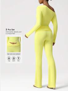 Sodalemon Women Elastic Outdoor Training Set Single Shoulder Button Long Sleeve Fitness T-Shirt Ttwist Fold Waistband Dance Yoga Flare Pants Workout Sport 2 Pieces Sets