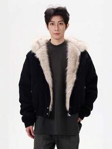 Design Sense! Super Warm! Cotton Collar And Cotton Jacket For Men, Thickened And Warm 2025 New Style Hooded Wide Loose Fur Jacket For Men - 黑色 - 查看 1