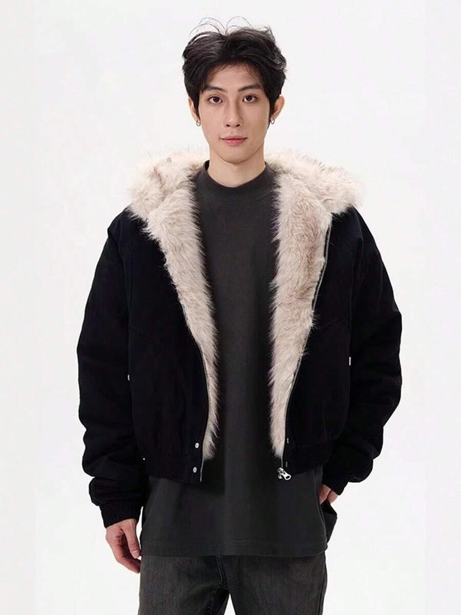 Design Sense! Super Warm! Cotton Collar And Cotton Jacket For Men, Thickened And Warm 2025 New Style Hooded Wide Loose Fur Jacket For Men - 黑色 - 查看 1