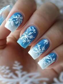 24 piezas de uñas postizas con diseño de escena nevada navideña - Diseño de copos de nieve en degradado azul-blanco, uñas postizas removibles
