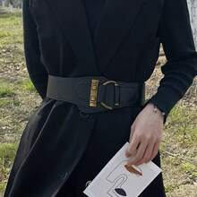 Vintage Style Faux Leather Belt, Rivet Buckle Design, Elastic Wide Waistband, Suitable For Dresses, Jackets And Suits, Lightweight And Comfortable, Non-Textile Material, Suitable For Mature Occasions, One Size Fits All - Wide C Buckle - View 8