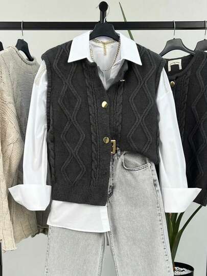 Women's Autumn/Winter Crew Neck Sleeveless Cable Knit Vest, Regular Length, Ribbed Knit Fabric, Slightly Stretchy