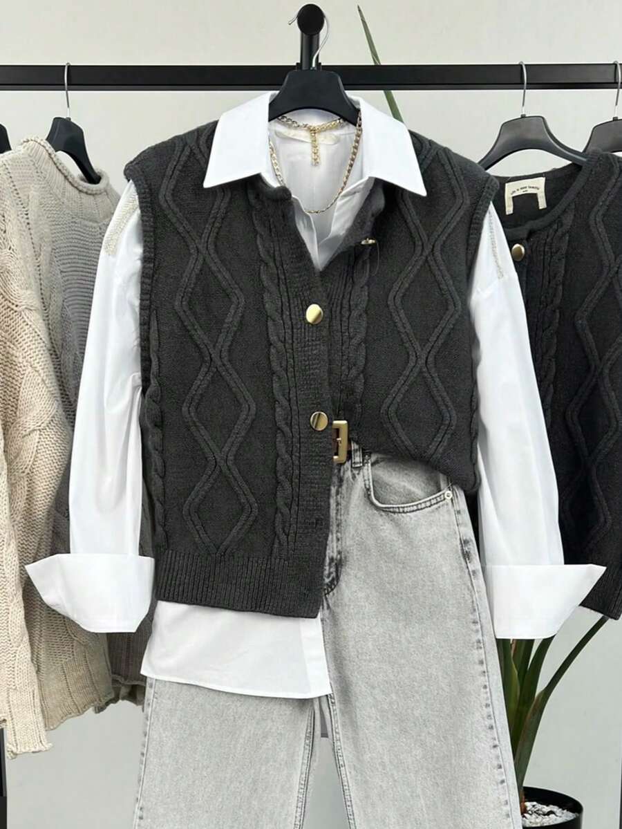 女式秋冬圆领无袖麻花针织背心，常规长度，罗纹针织面料，略有弹性 - 深灰色 - 查看 1