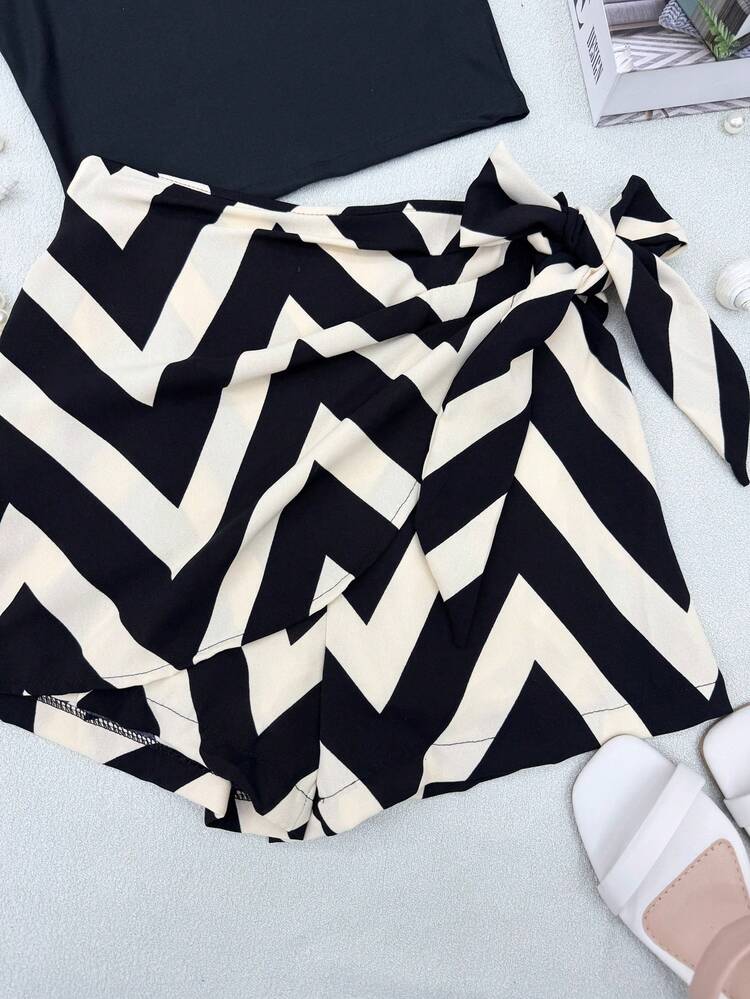 ELLIE 2-Piece Set Of Cropped Suplex With Skirt And Shorts With Lining\Print\Women's Fashion - 上黑下杏色條紋 - 查看 4