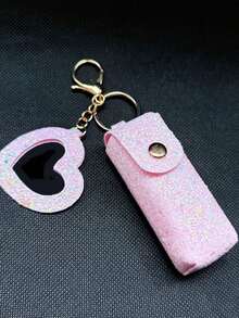 1pc Solid Color PU Leather Lipstick Holder (With Heart-Shaped Mirror) - Women's Makeup Keychain. Back To School Lipstick Holder With Heart-Shaped Mirror, Multiple Colors Available, Women's Makeup Bag, Heart-Shaped Bag Charm Fashion Keychain Pendant, Wallet, Handbag, Bag Accessory. Suitable For Parties, Weddings And Dances. Make Up Bag - White - View 20