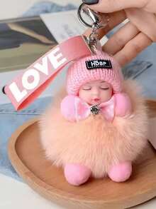 1pc Cartoon Doll Keychain With Real Faux Fur Alloy Round Shape Decorative Ladies Key Ring With Ring Buckle Ideal For Bag & Car Key Decoration Perfect For Valentine'S Day Gift 1 Piece Keyring Travel Accessories