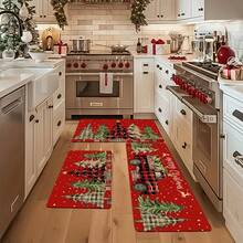 1/2/3 piezas Juego de alfombrillas de cocina navideñas acolchadas de 0.47 pulgadas/1.2 cm - Diseño con árbol de Navidad y camión, alfombras de franela antifatiga para decoración navideña, perfectas para sala de estar, dormitorio, comedor y talla grande - Multicolor - Ver 2