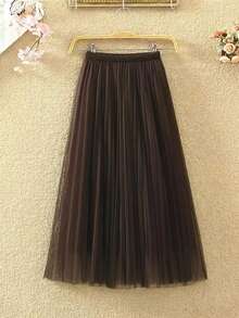 女士优雅褶裥网纱A字半身裙，适合休闲或办公场合穿着，简约优雅 | 涤纶网纱半身裙，四季必备单品，百搭春夏半身裙 - 咖啡棕 - 查看 2