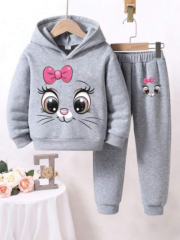 Conjunto de sudadera con capucha y pantalón de chándal de forro polar con estampado de dibujos animados para niños pequeños